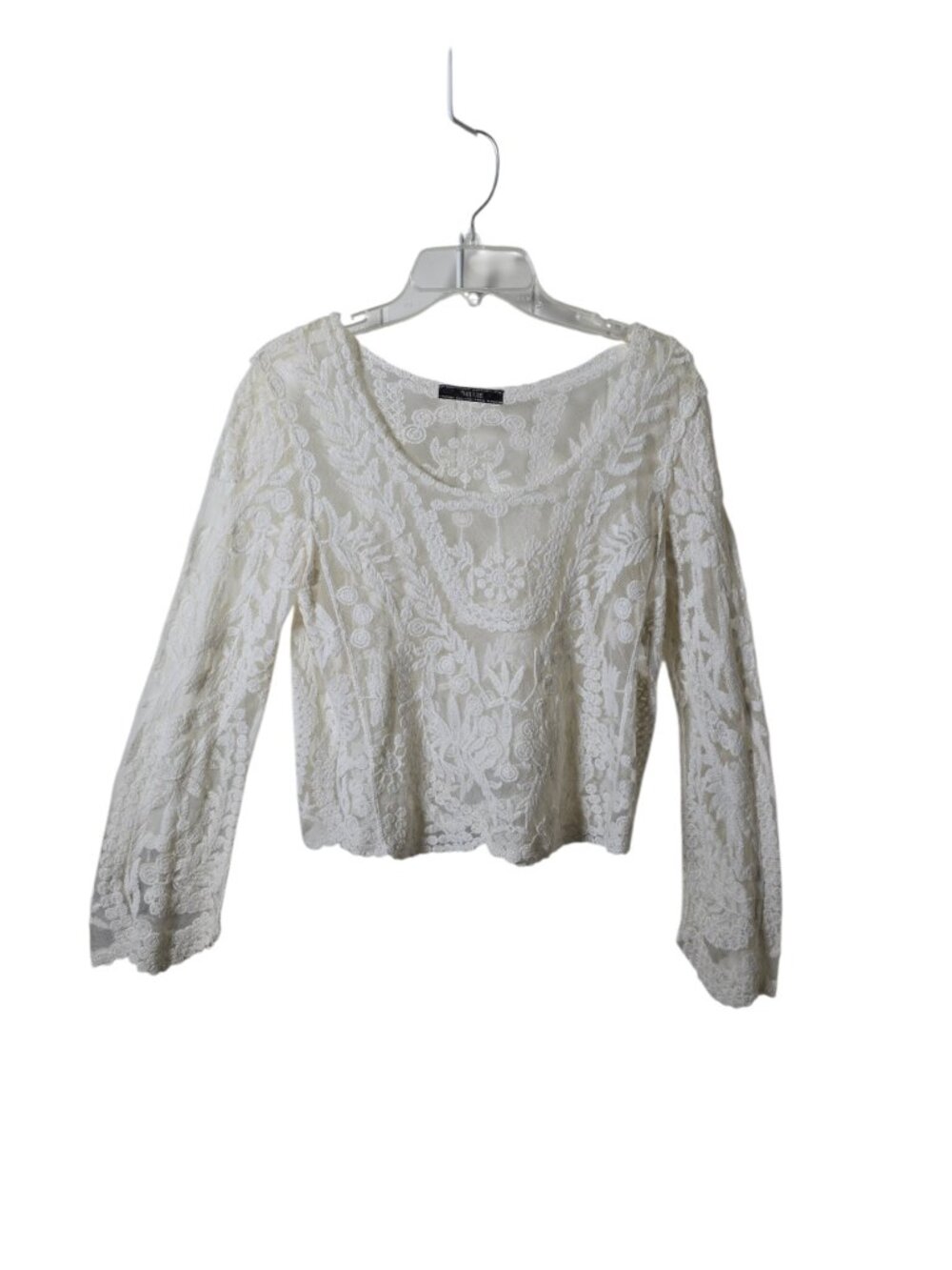 Cream Sheer Lace Blouse Women’s Large Cottagecore Embroidered Long Sleeve Top